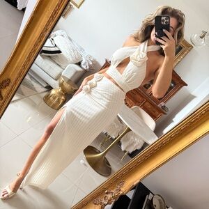 Fashion Nova White Ribbed Two-Piece Skirt Set with Floral Details